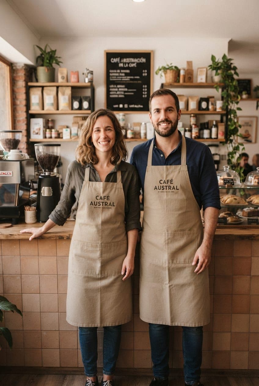 Dos dueños de una cafetería, con delantal, sonríen detrás del mostrador de su local a plena luz de día.